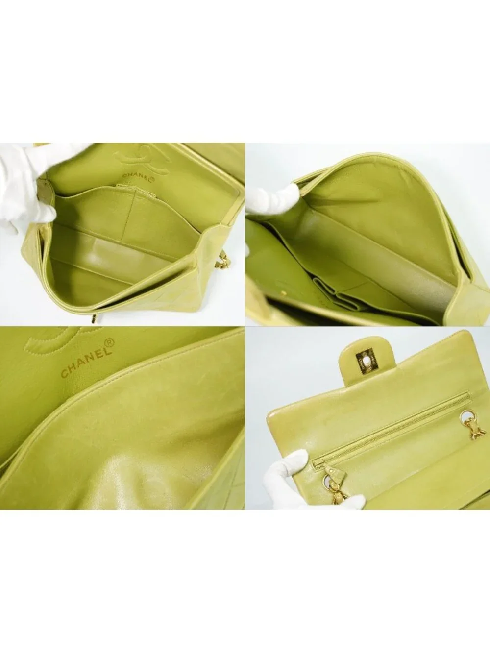 Chanel CC Logo Quilted 23 Double Flap Chain Shoulder Bag Lambskin Leather Green